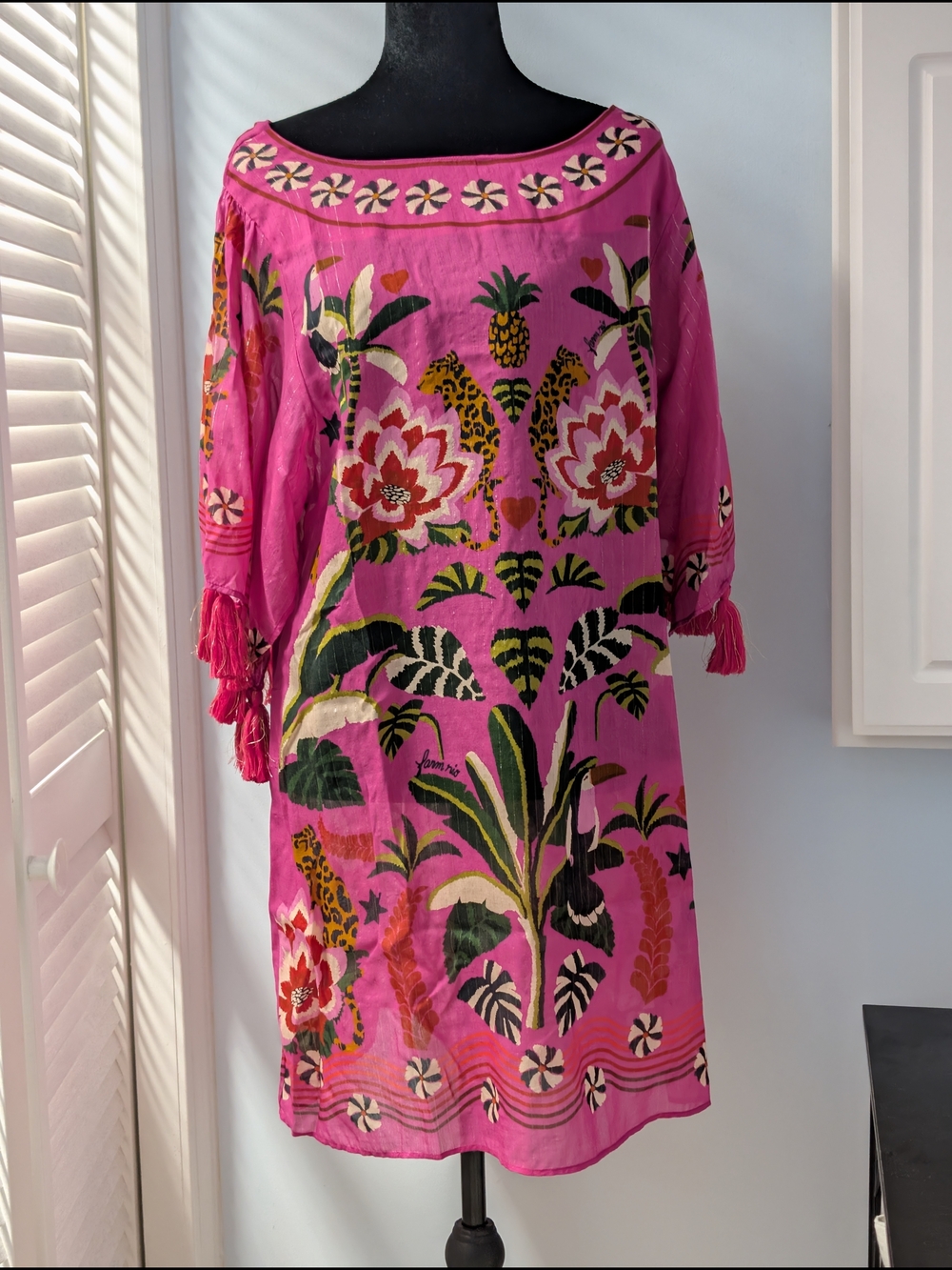 Farm Rio Pink Tropical Leopard Toucan Tassel Mini Dress Size S NWT Coverup